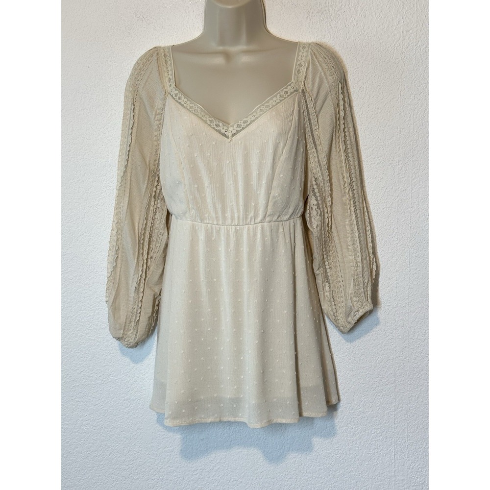 Y2K Babydoll Beige Top Lace Trim & Balloon Sleeves Milkmaid M/L Boho Coquette